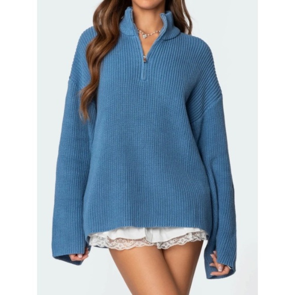 Edikted Amour High Neck Zip Sweater Womens M Blue Oversized Ribbed Chunky NWT